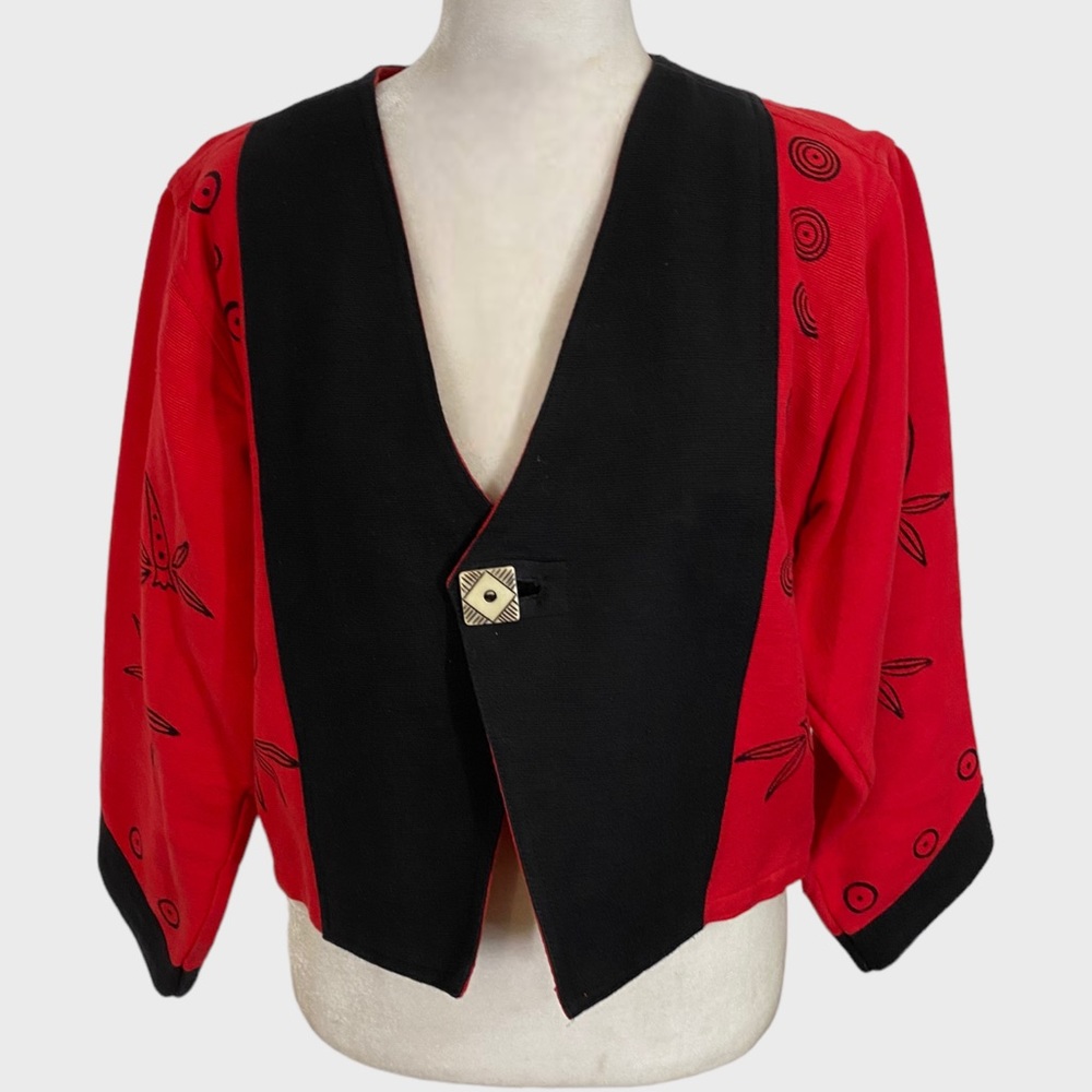 Vintage Red + Black Funky Printed Cropped Jacket Small Medium